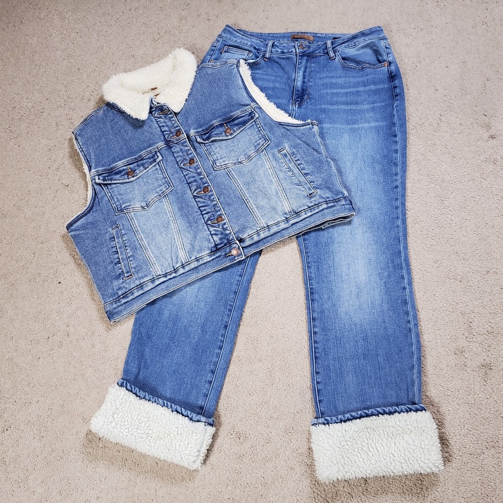 Judy Blue Jeans & Denim Vest Set XL 16W High Waist Sherpa Lined Shearling Cuff